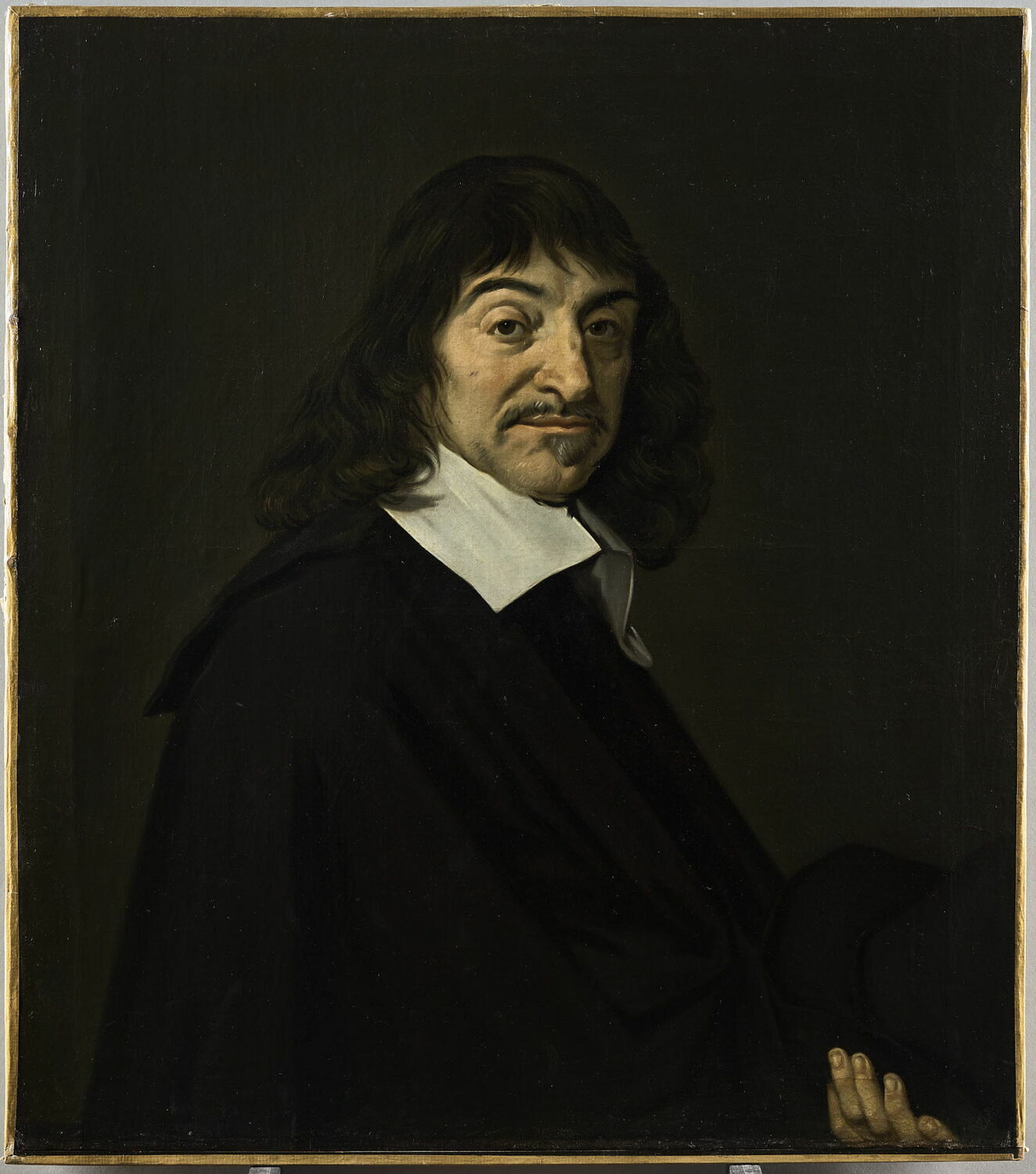 Painted portrait of René Descartes with shoulder-length dark hair, a moustache and a bright white collar, facing the viewer against a dark olive background.