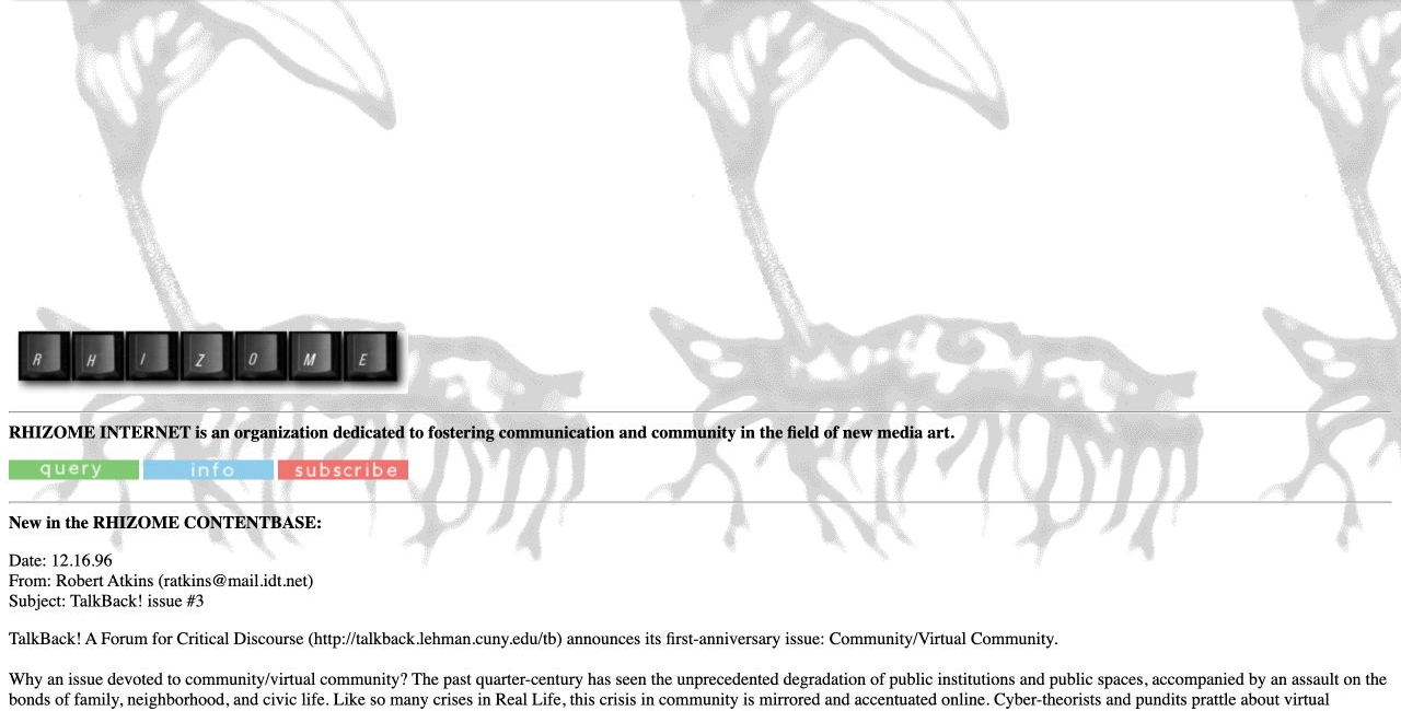 Grey early Rhizome website with keyboard-letter logo and December 1996 articles.