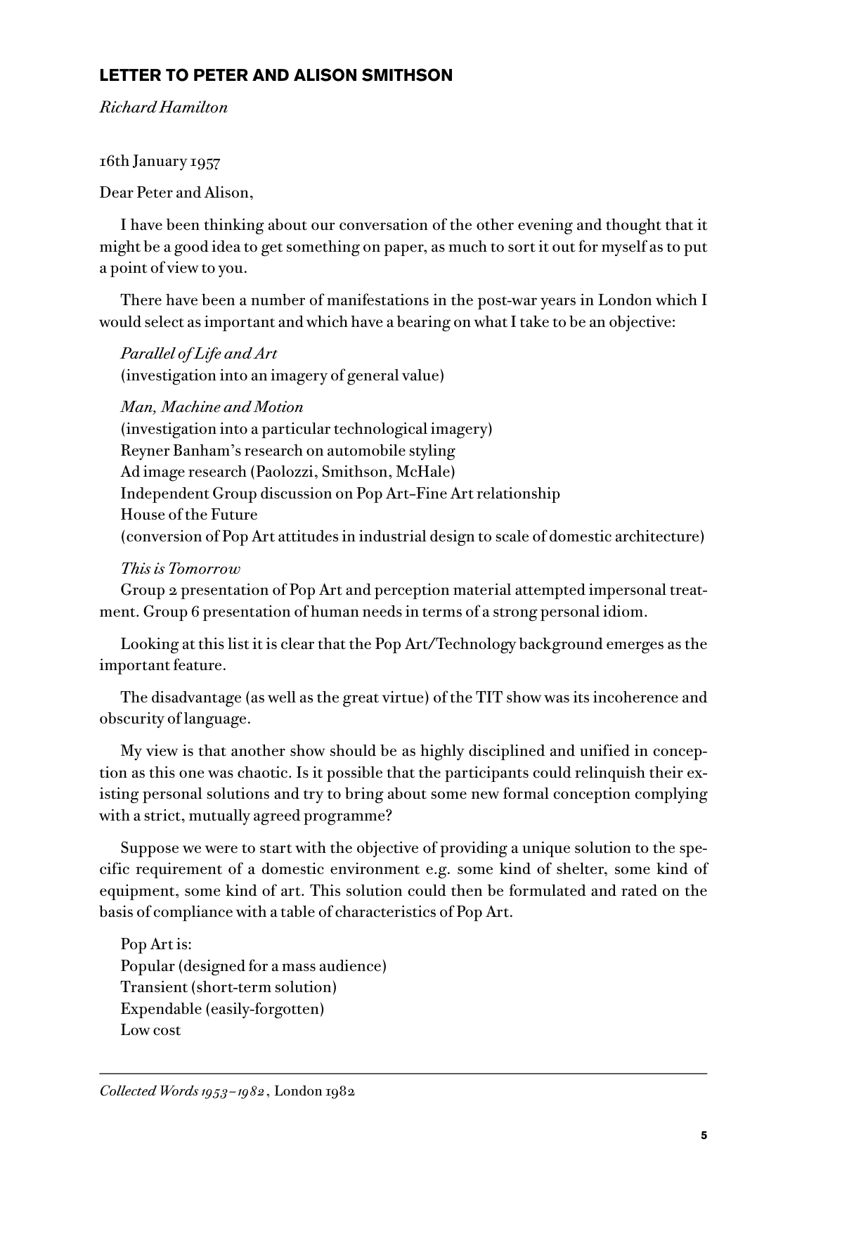Book page headed Letter to Peter and Alison Smithson, Richard Hamilton, and 16th January 1957, ending with the beginning of his list of Pop Art characteristics.