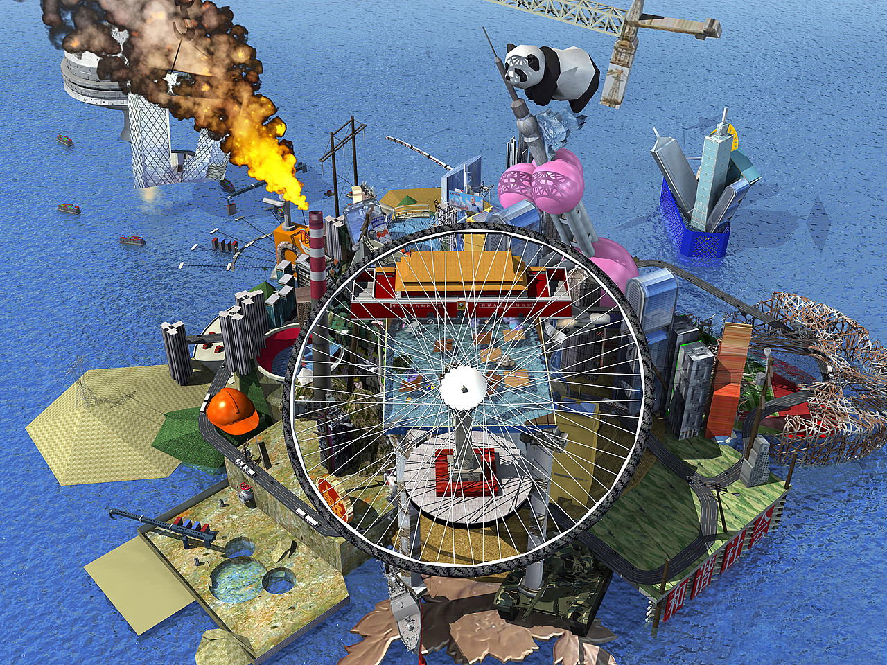 A still from Cao Fei's RMB City: A Second Life City Planning by China Tracy, showing the artist's floating virtual metropolis -- a bicycle-wheel Ferris wheel, a submerged CCTV tower, a crane-hoisted panda and the Tiananmen gate compressed onto an island in a blue sea.