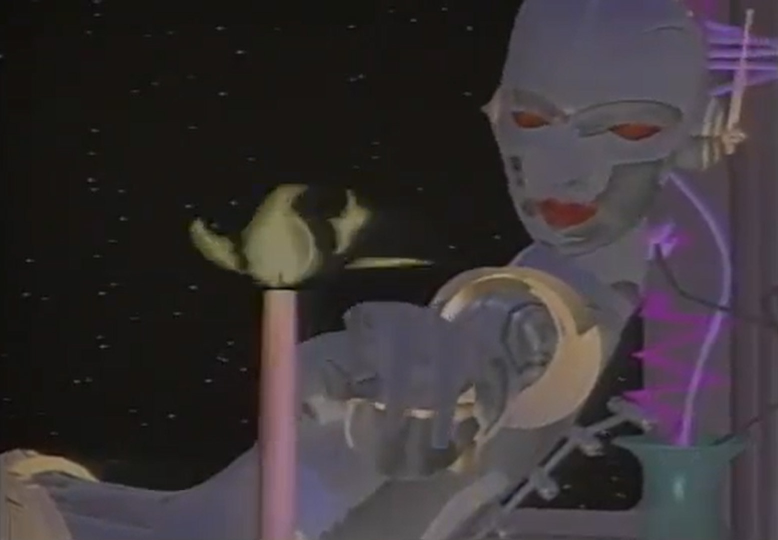 The chrome robot of Robert Abel and Associates' Brilliance commercial, in a frame from The Making of Brilliance screened at SIGGRAPH 1985.