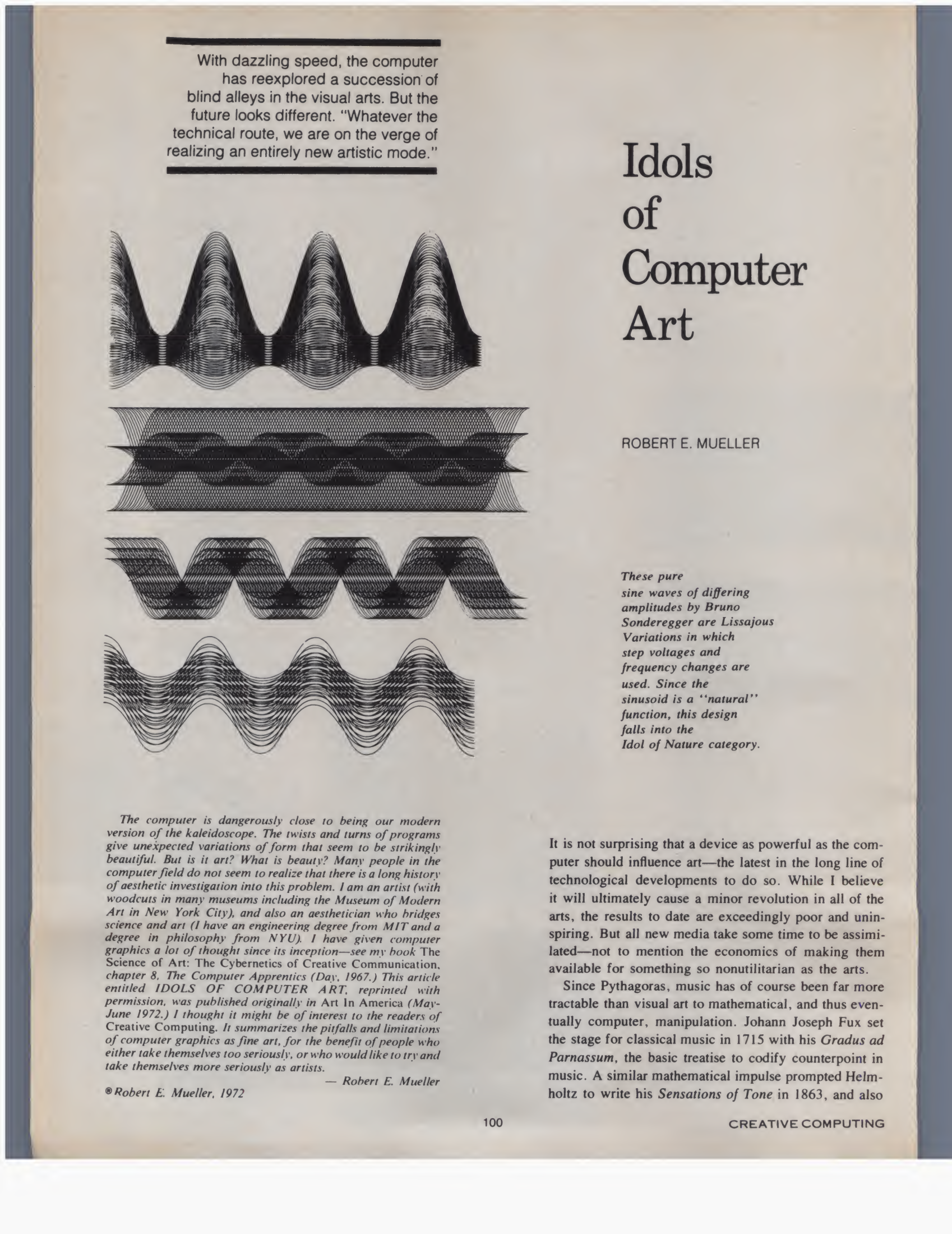 Magazine opening page headed Idols of Computer Art by Robert E. Mueller, with four dense wave diagrams credited to Bruno Sonderegger and text noting the original 1972 publication.
