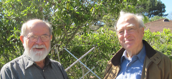 The two founders of the Algorists, Roman Verostko and Jean-Pierre Hébert, photographed together in Santa Barbara in 2011, as published on Verostko's algorists.org. It is a 2011 photograph, not a 1995 one.