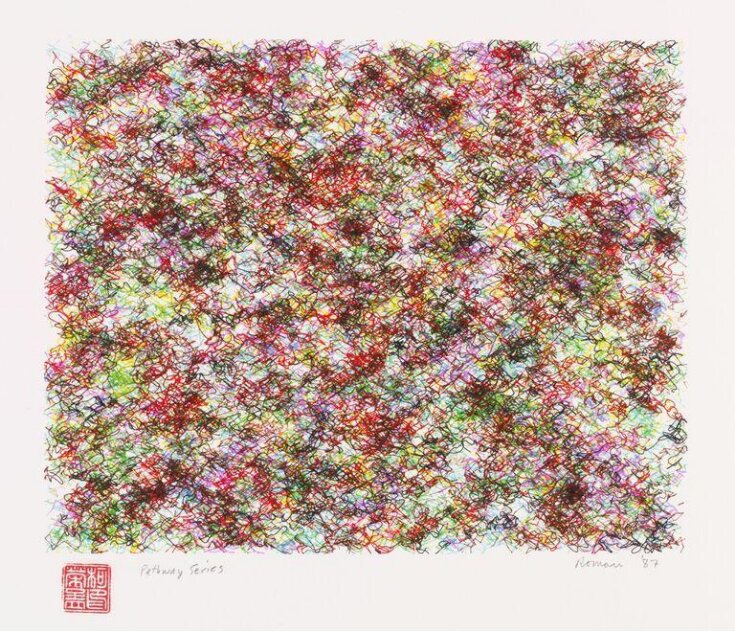 A multi-pen plotter drawing from Roman Verostko's Pathway Series in the V&A's collection: a dense drift of coloured pen strokes signed with the artist's red seal. It is the kind of work produced by the 'form generator' software described in 'Epigenetic Painting', not the essay itself.