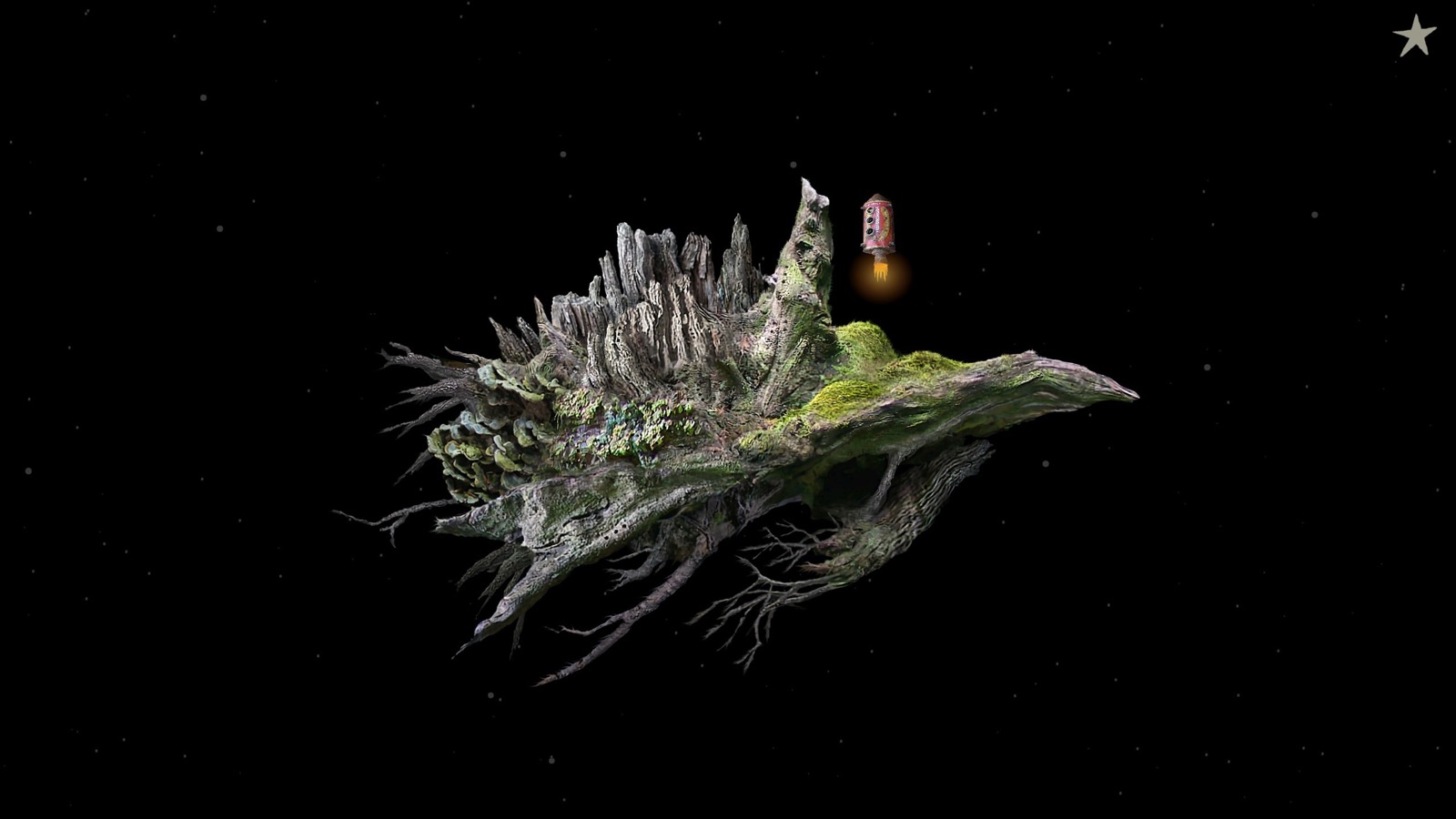 An official screenshot from Amanita Design's Samorost 1 page, showing the gnome's tree-trunk asteroid and the approaching spacecraft in Jakub Dvorsky's photo-collage style.