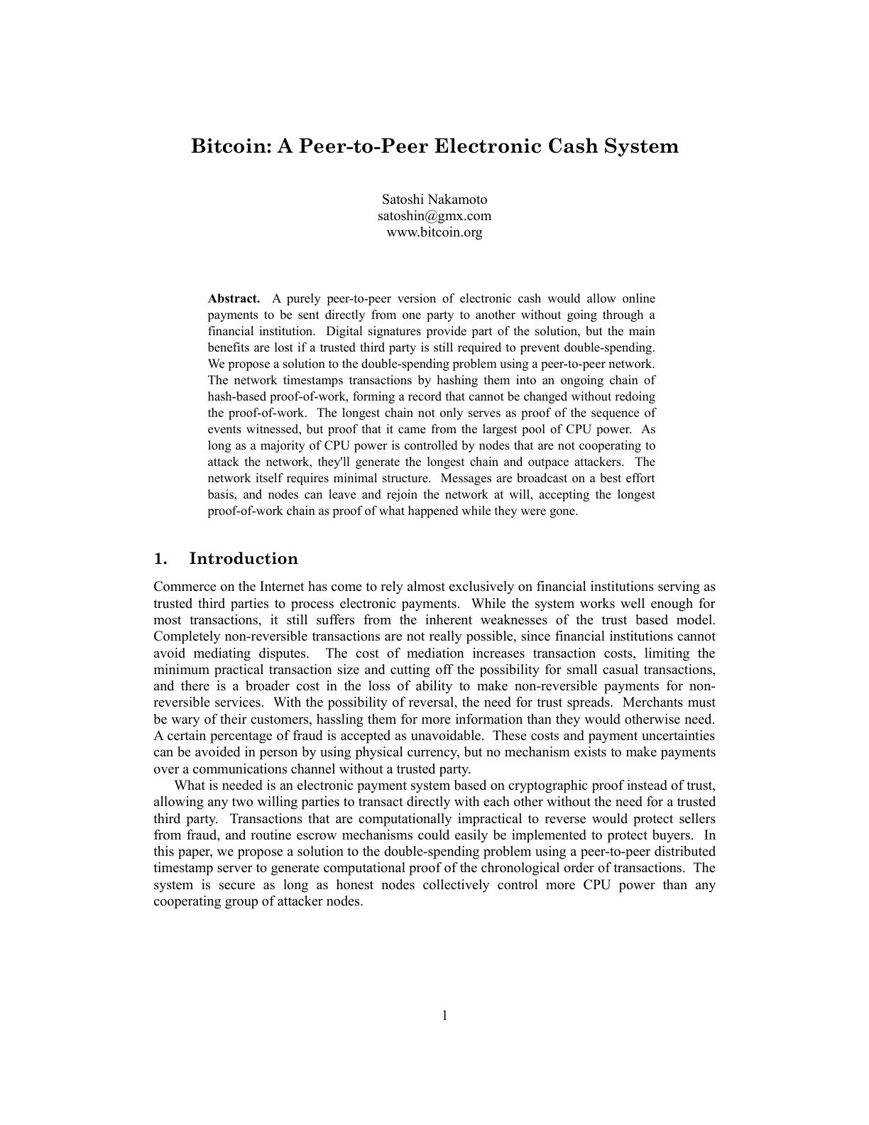 Whitepaper title page with Satoshi Nakamoto’s name, abstract and introduction, numbered 1 at the bottom.