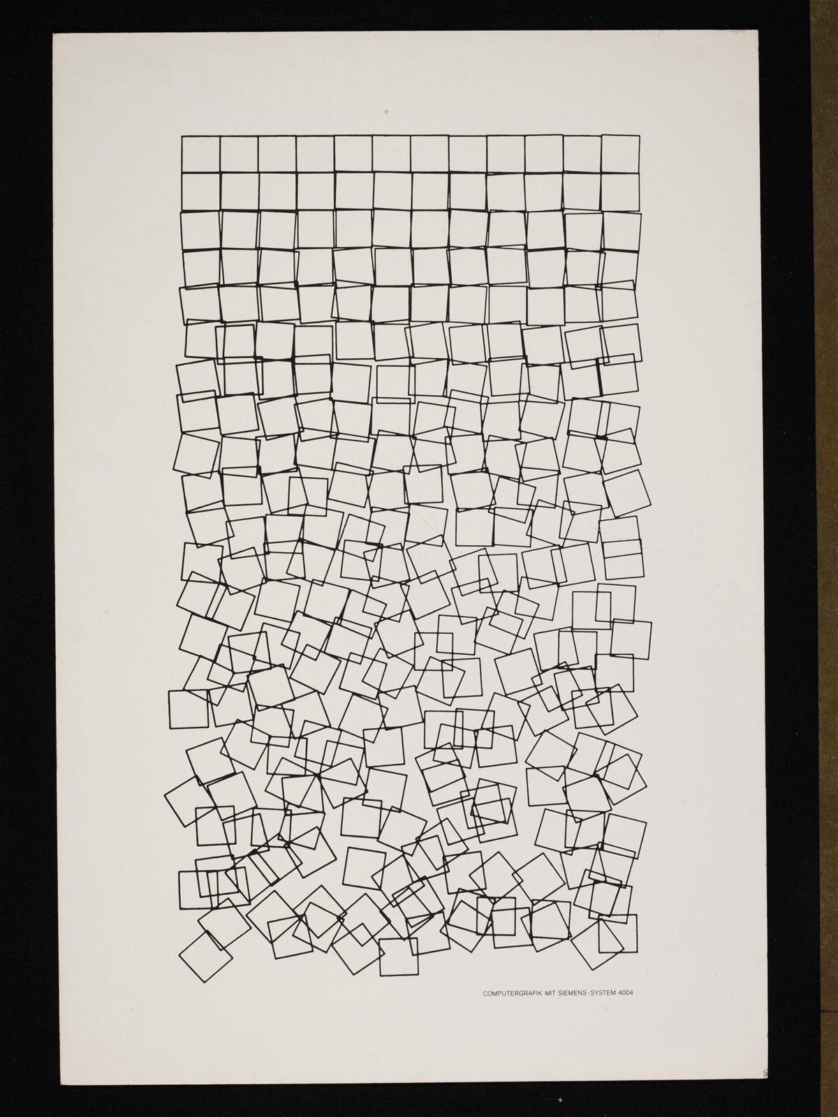 Georg Nees's Schotter, the plotter drawing in which a grid of squares slips row by row out of alignment, from order at the top into scattered disorder at the bottom.
