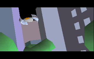 A low-polygon flying object moves between tall purple blocks over green ground.