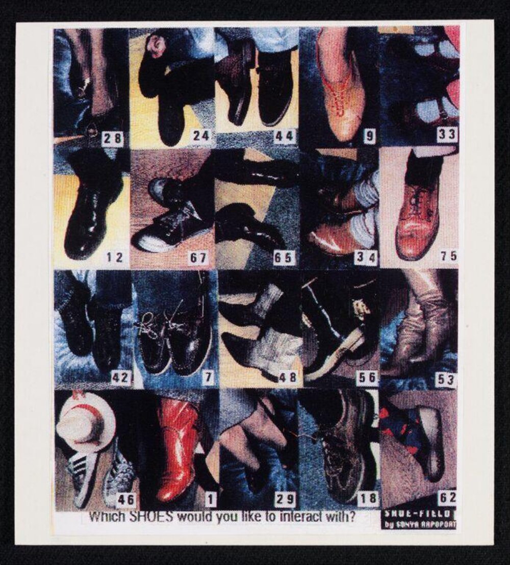 A colour lithograph print from Sonya Rapoport's Shoe-Field, showing the numbered chart of twenty shoes and the prompt 'Which SHOES would you like to interact with?' that participants answered.