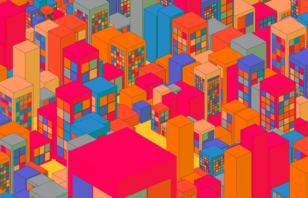 Shunsuke Takawo's CityScape #1 (2021) -- a dense field of overlapping coloured blocks -- a later work from the daily coding practice he began in 2015, published as the lead image of his Right Click Save interview.
