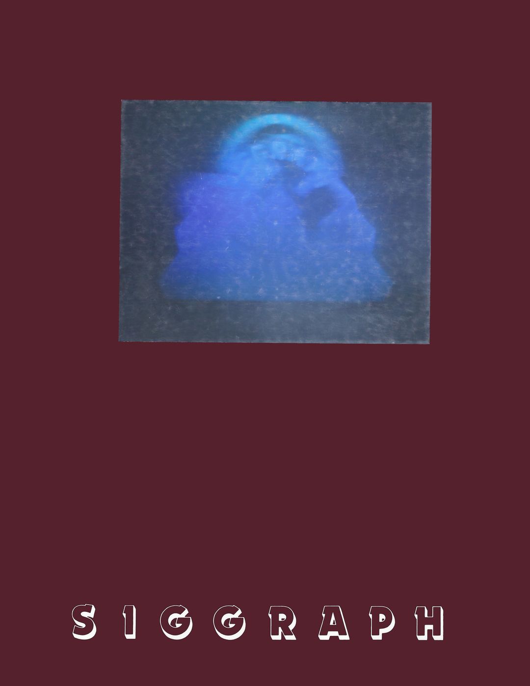 The front cover of the catalogue for the 1987 SIGGRAPH Art Show, a deep red board carrying a single blue holographic plate above the SIGGRAPH wordmark.