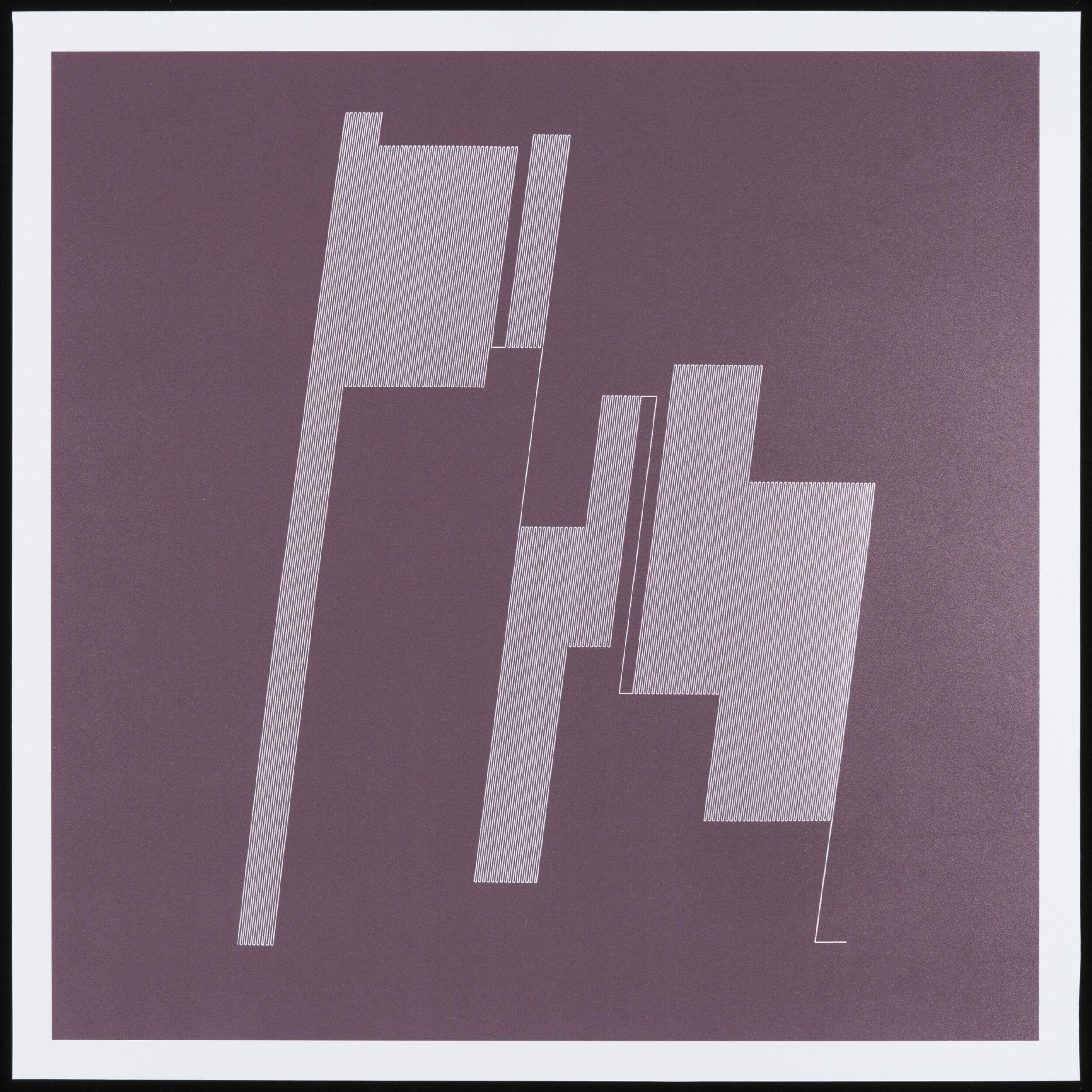 Fine white diagonal lines form geometric bands against a purple-brown square in Auro Lecci’s Slant One.