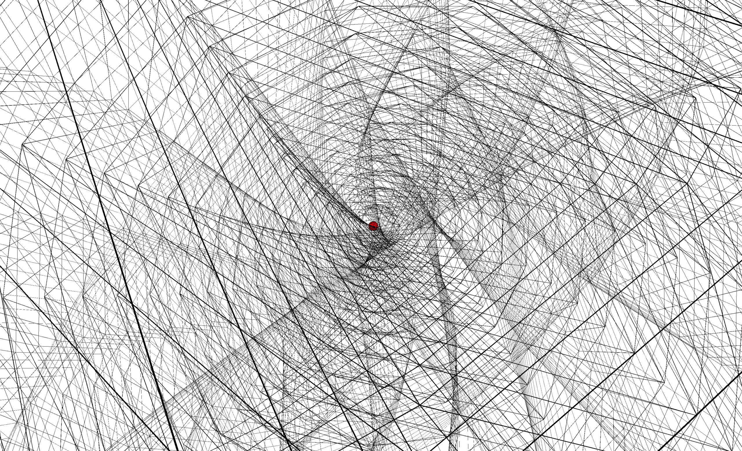 Intersecting black lines create a deep funnel around a small red point on a white field.