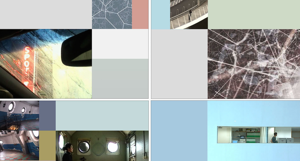 A multi-frame Soft Cinema composition combines a car window, ship interiors, abstract lines and a woman behind a rectangular window.