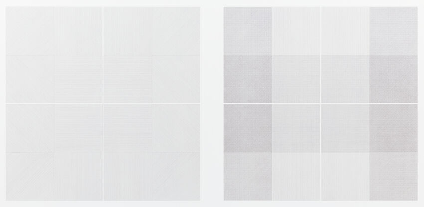 Two adjacent square wall drawings made from dense, fine intersecting pencil lines.