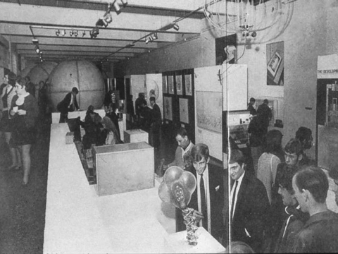 Installation view of Cybernetic Serendipity at the ICA, London, 1968, with Edward Ihnatowicz's Sound Activated Mobile on its white plinth in the foreground, its flower-like reflectors turned toward the crowd.
