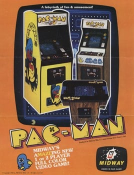 Orange Pac-Man arcade advertisement showing upright and cocktail cabinets, game graphics and the Midway logo.