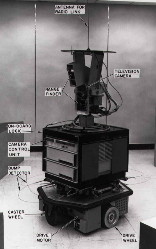 Shakey in 1972, with its camera, range finder and bump detectors labeled.