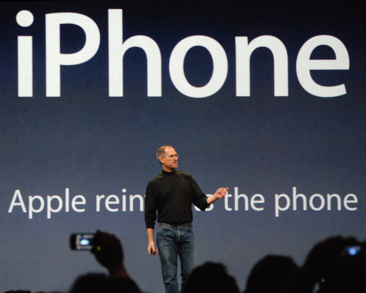 Steve Jobs on stage at Macworld Conference & Expo in San Francisco on 9 January 2007, presenting the first iPhone.