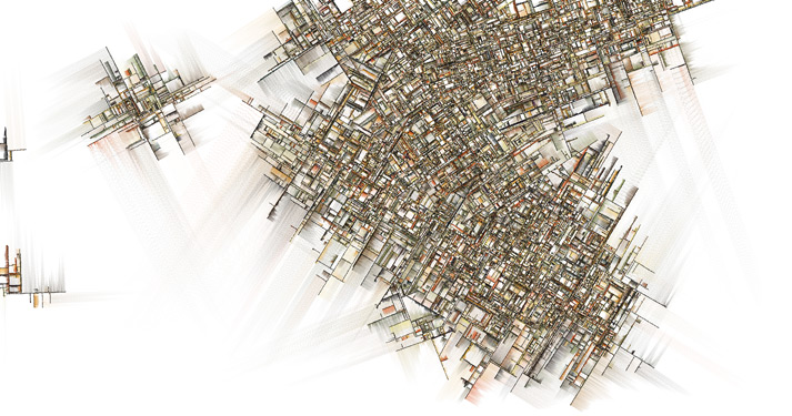 An output of Jared Tarbell's Substrate, the Processing sketch whose single perpendicular-growth rule produces city-like crystalline structures.