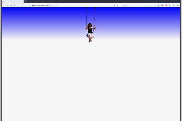 A figure swings beneath a blue gradient at the top of an open browser window; the browser frame and address bar remain visible.