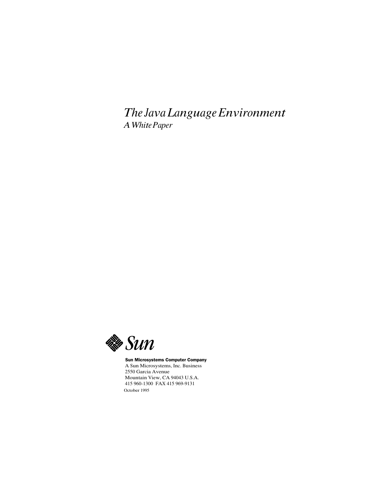 Minimal white cover of Sun’s Java Language Environment white paper, with the Sun mark and October 1995 date.