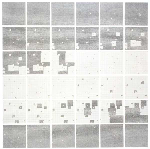 Jennifer Bartlett's Surface Substitution on 36 Plates (1972), the full six-by-six array of enamelled steel plates, each silkscreened with a grey grid and filled with hand-painted dots in a sequence driven by the Fibonacci series.
