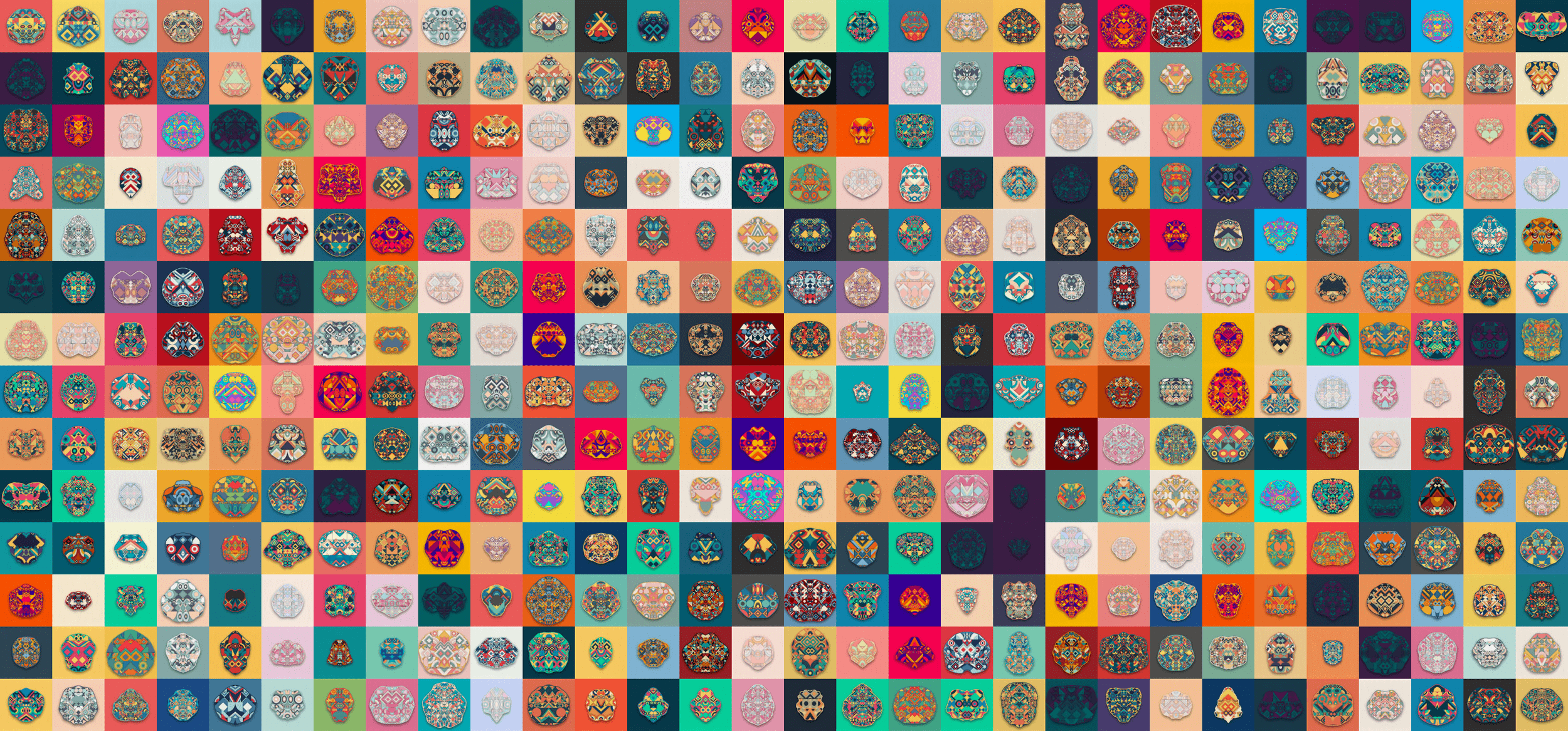 A large array of brightly colored geometric masks presents variations from the Generativemasks series.