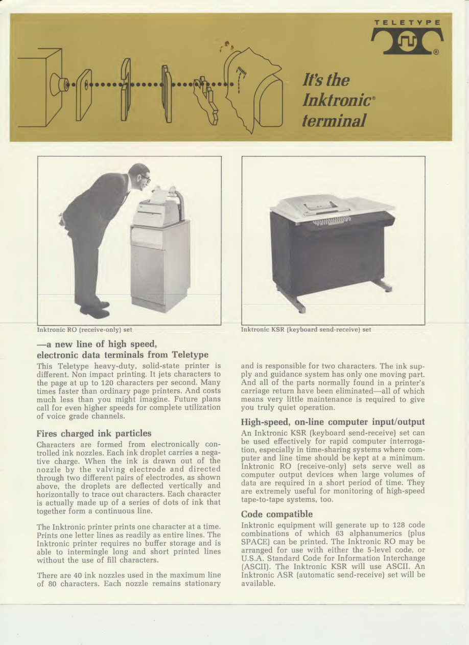 Gold-and-white Teletype brochure with an ink-jet diagram and photographs of two Inktronic terminal models.