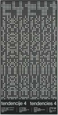 The two-panel poster for Tendencije 4 / Tendencies 4, its field of black-and-white dots printed in the manner of a computer output, with the Croatian and English programme text at the foot of each panel.