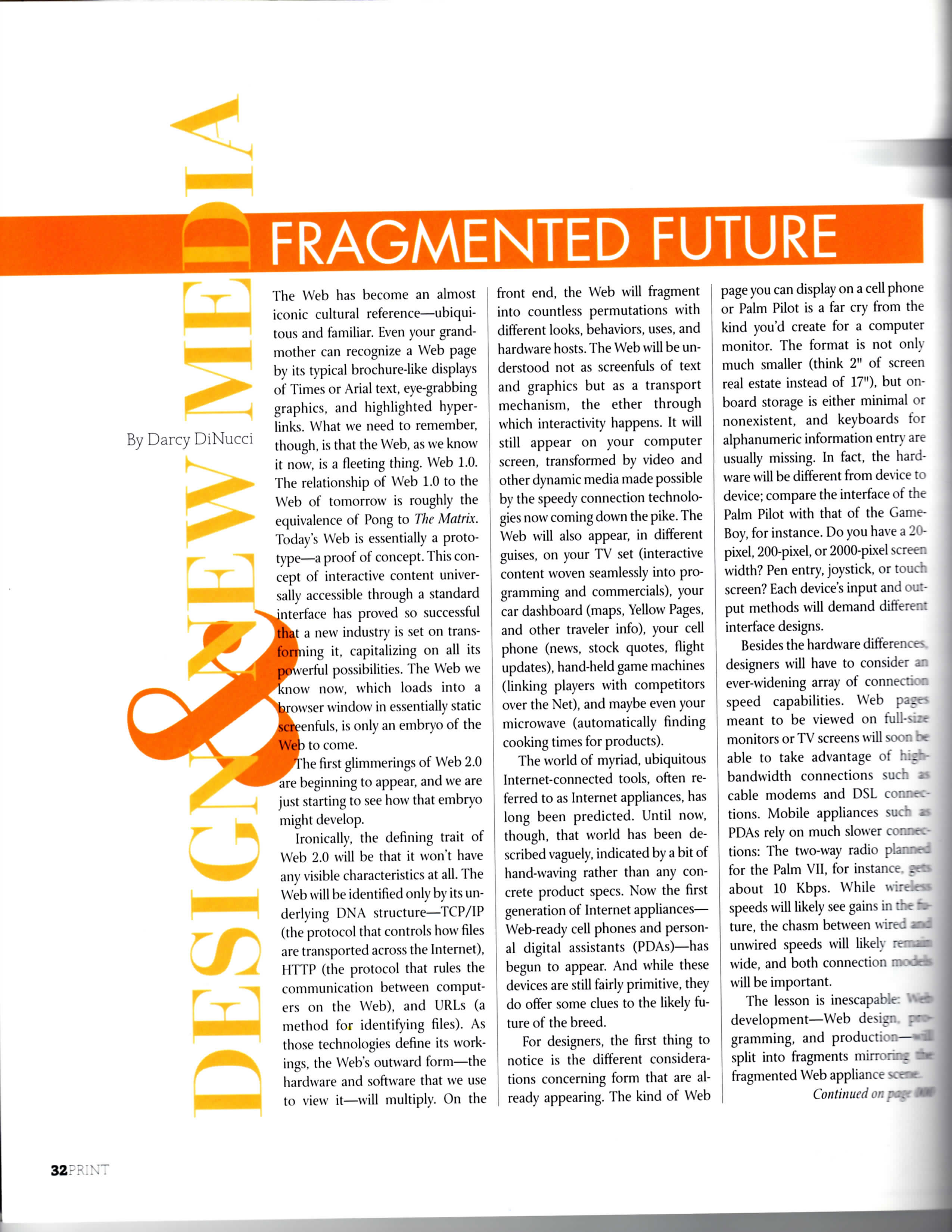 Magazine page headed Fragmented Future, with an orange title band, Darcy DiNucci’s byline and three columns including the term Web 2.0.
