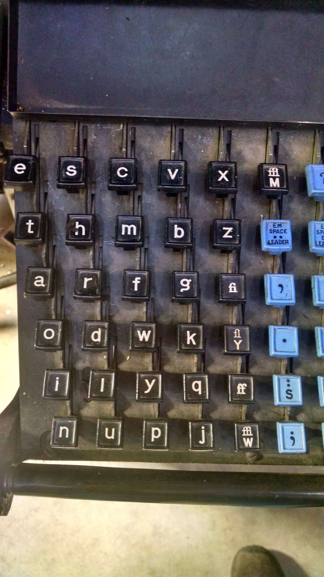 The keyboard of a Linotype machine, whose second column of keys spells SHRDLU.
