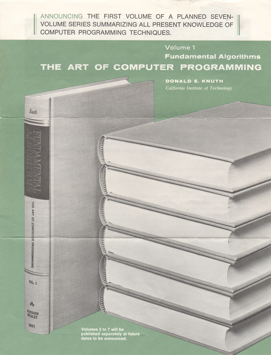 Green-and-white 1968 brochure announcing Fundamental Algorithms as the first volume of The Art of Computer Programming.