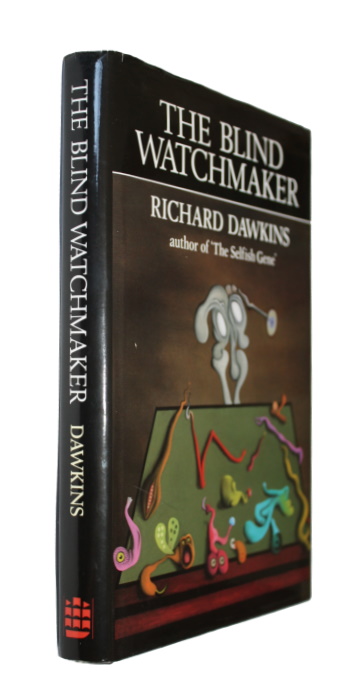 Black first-edition dust jacket of The Blind Watchmaker, with white title lettering and a surreal coloured illustration.