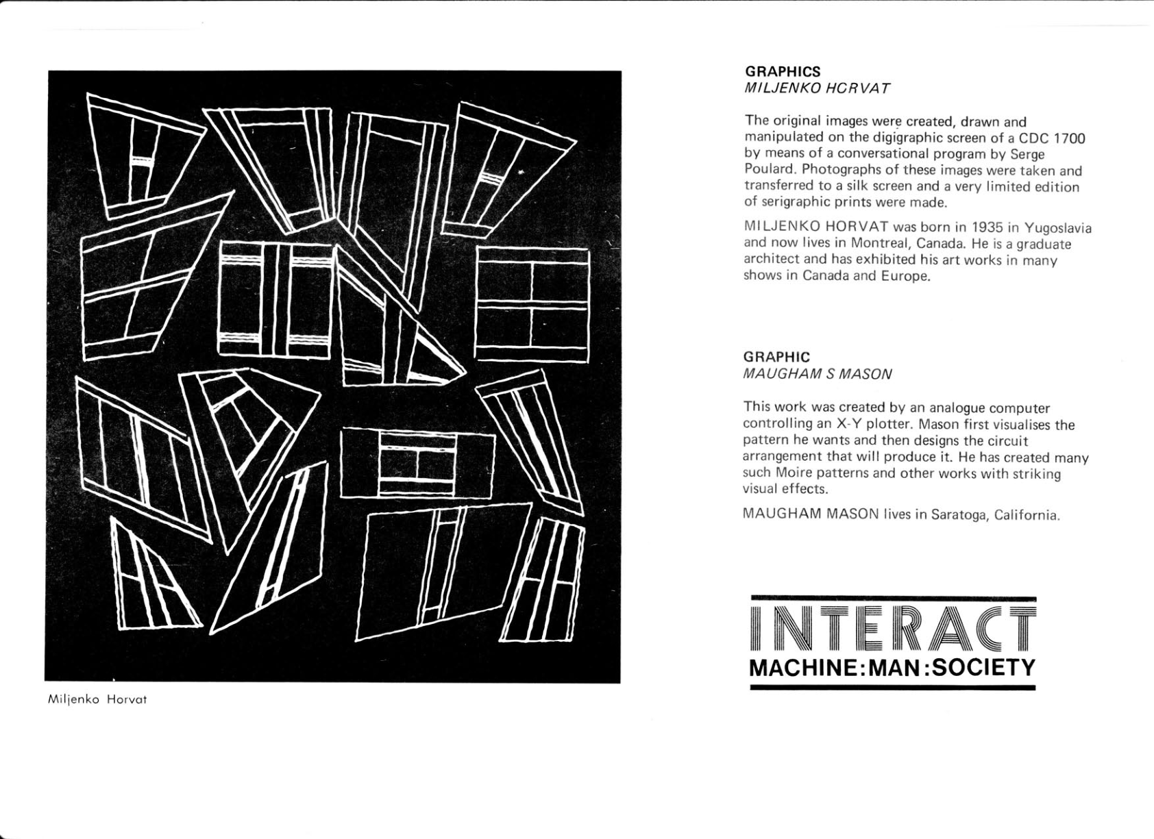 Original exhibition page with white angular shapes on a black field, descriptive text and the INTERACT Machine: Man: Society title.