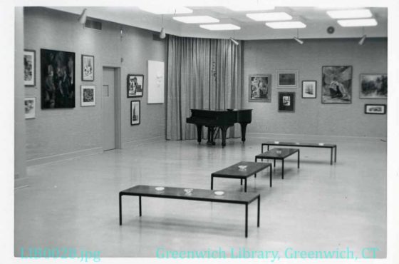 An undated archival photograph of the Hurlbutt Gallery at Greenwich Library, the room that housed The Computer as an Art Tool in 1986; the gallery was later renamed the Flinn Gallery. It is a view of the venue, not of the 1986 exhibition.