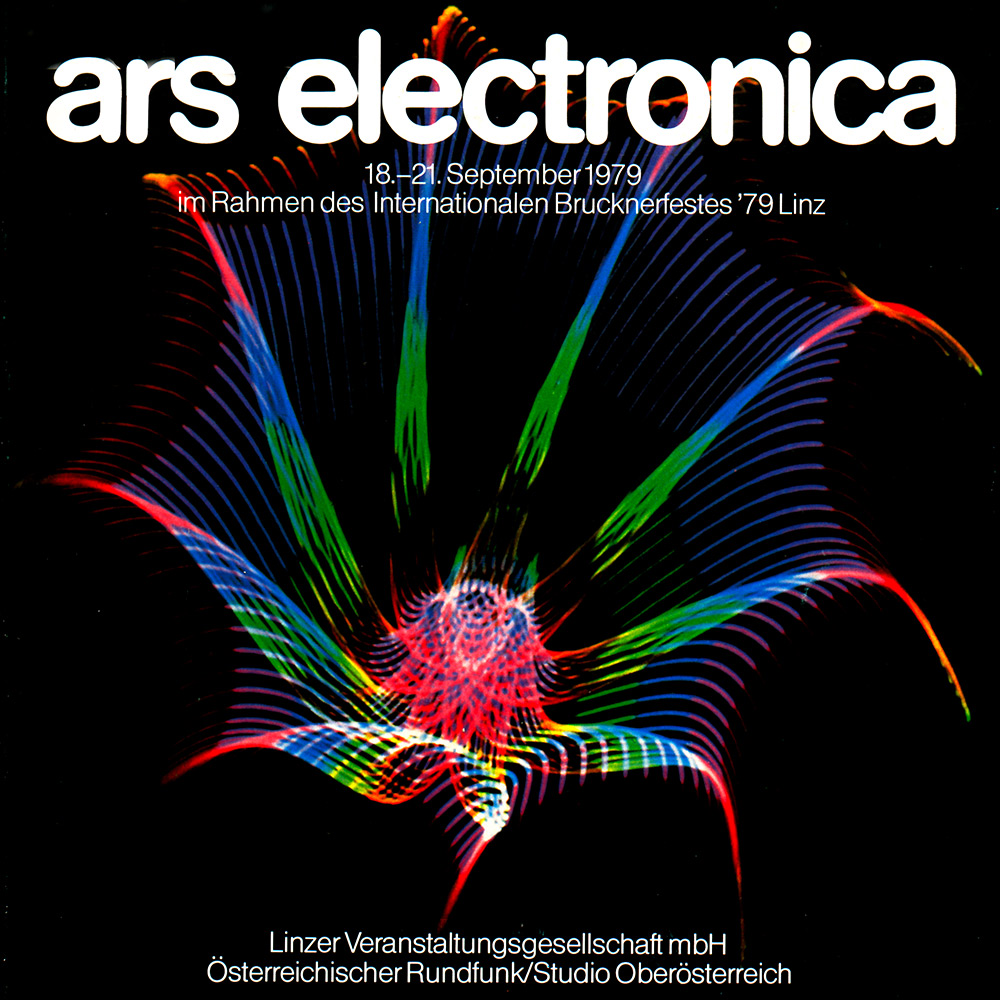 The first Ars Electronica festival graphic combines white typography with a luminous, multicolored abstract pattern on black.