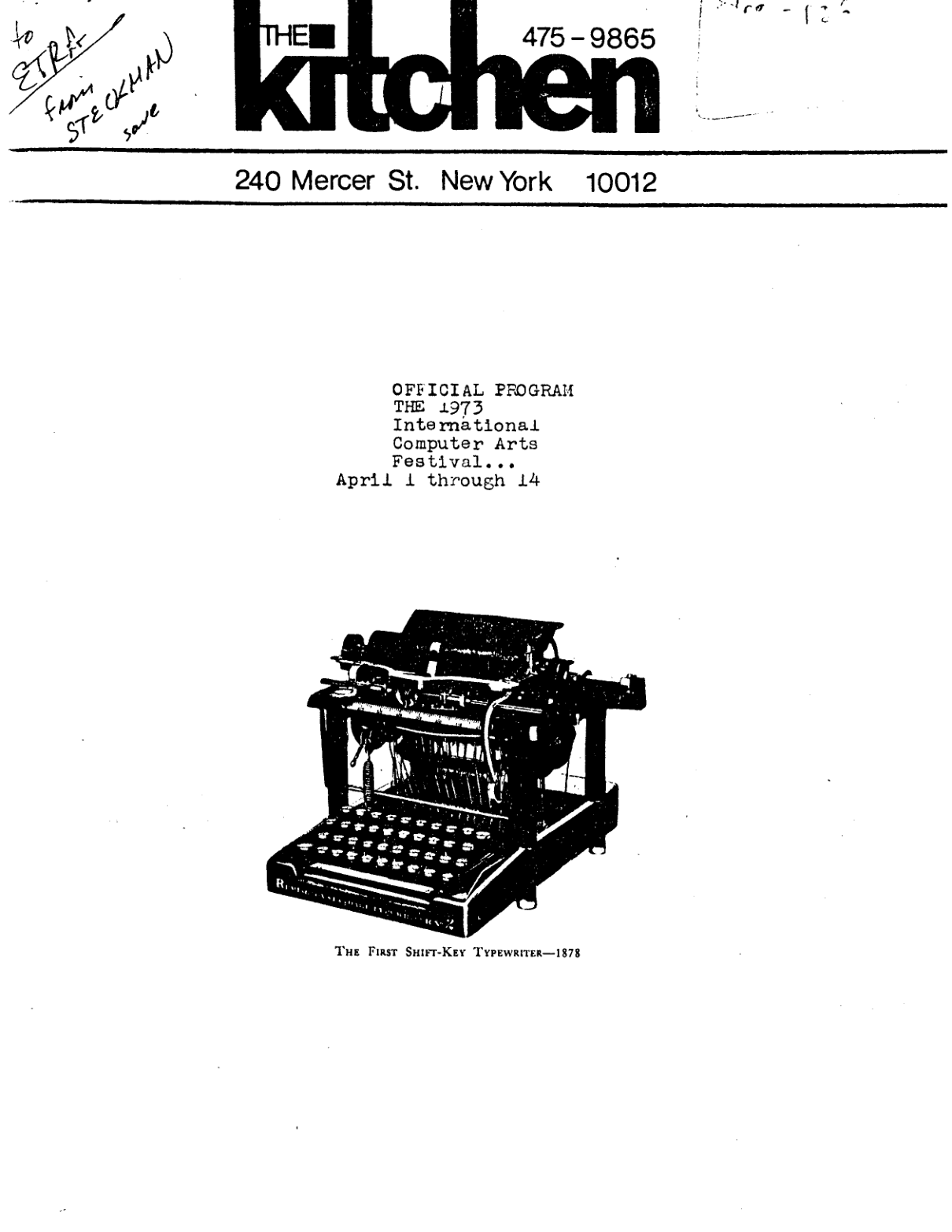 Typed festival program with The Kitchen heading, April 1973 dates and a line illustration of a keyboard.