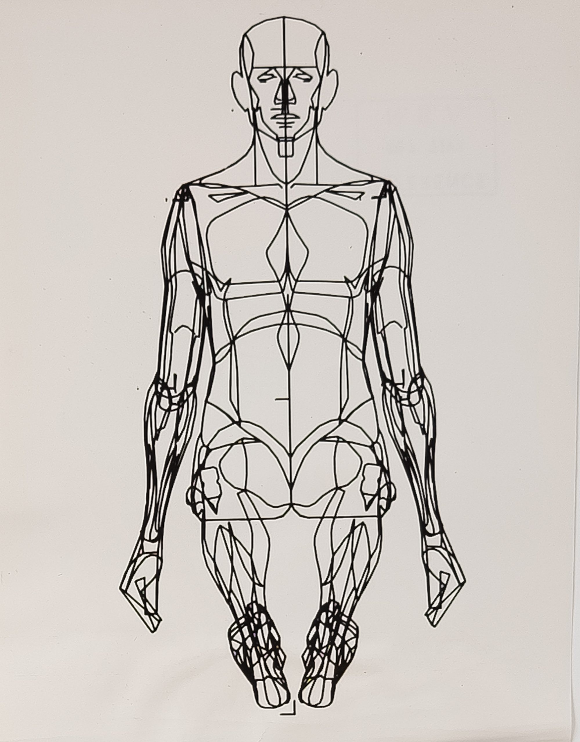A seated human figure drawn as black computer-generated contour lines on a pale sheet.