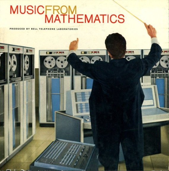 A conductor with raised arms stands in front of room-size computers below the red title Music from Mathematics.