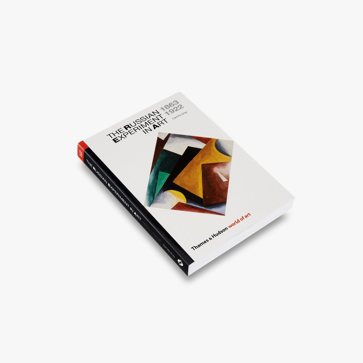 Angled photograph of a white paperback titled The Russian Experiment in Art, with a colorful geometric painting on the cover.