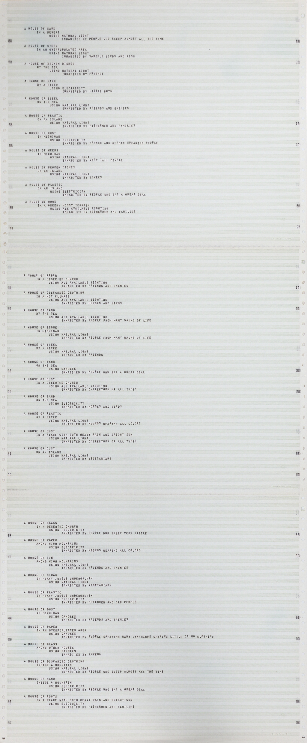 A long sheet of striped continuous-feed paper carries successive four-line computer-generated descriptions of houses.