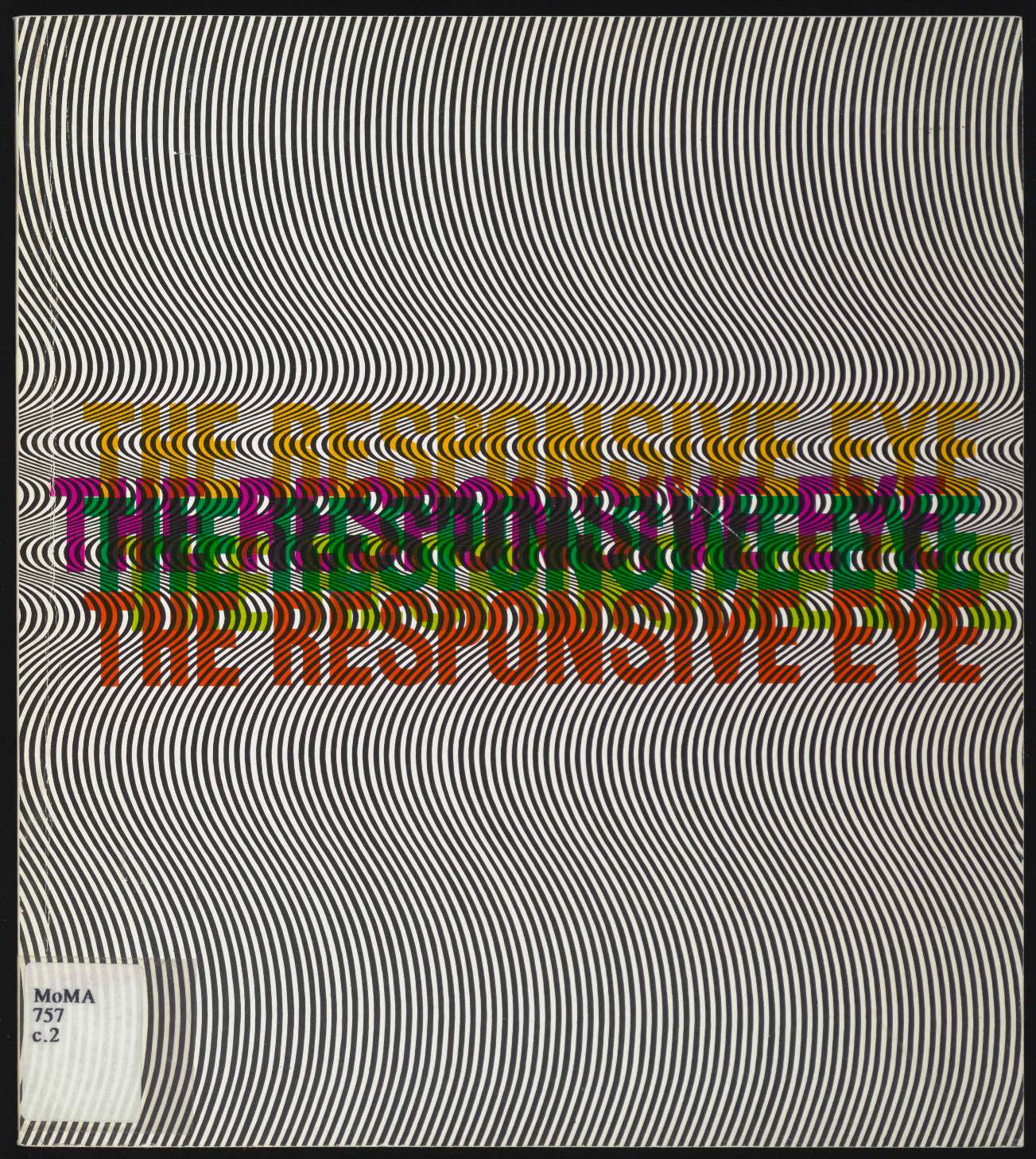 The Responsive Eye catalogue cover: tightly spaced black-and-white wavy lines behind the title repeated in several colors.