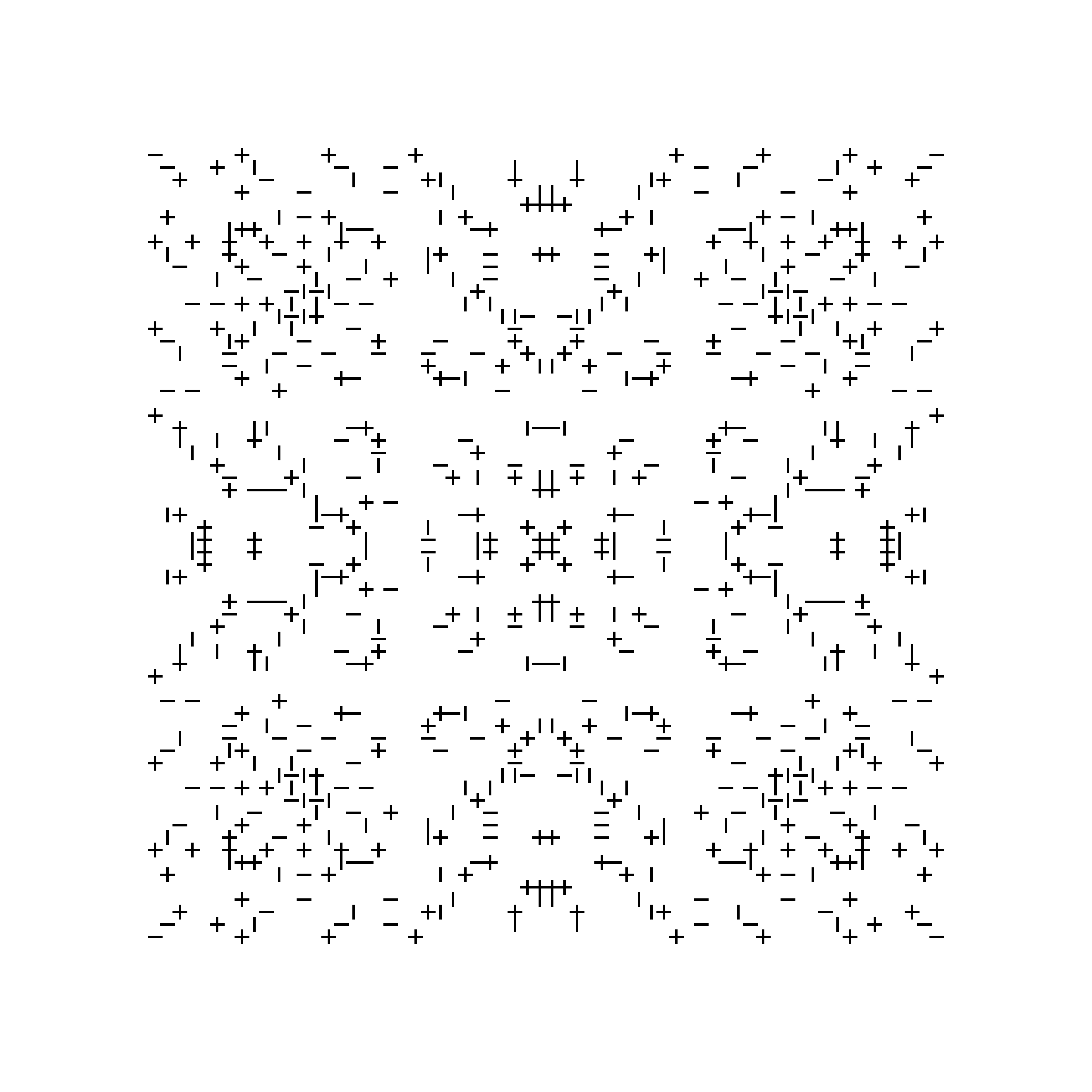 A symmetrical square pattern of fine black horizontal and vertical strokes and crosses on white.