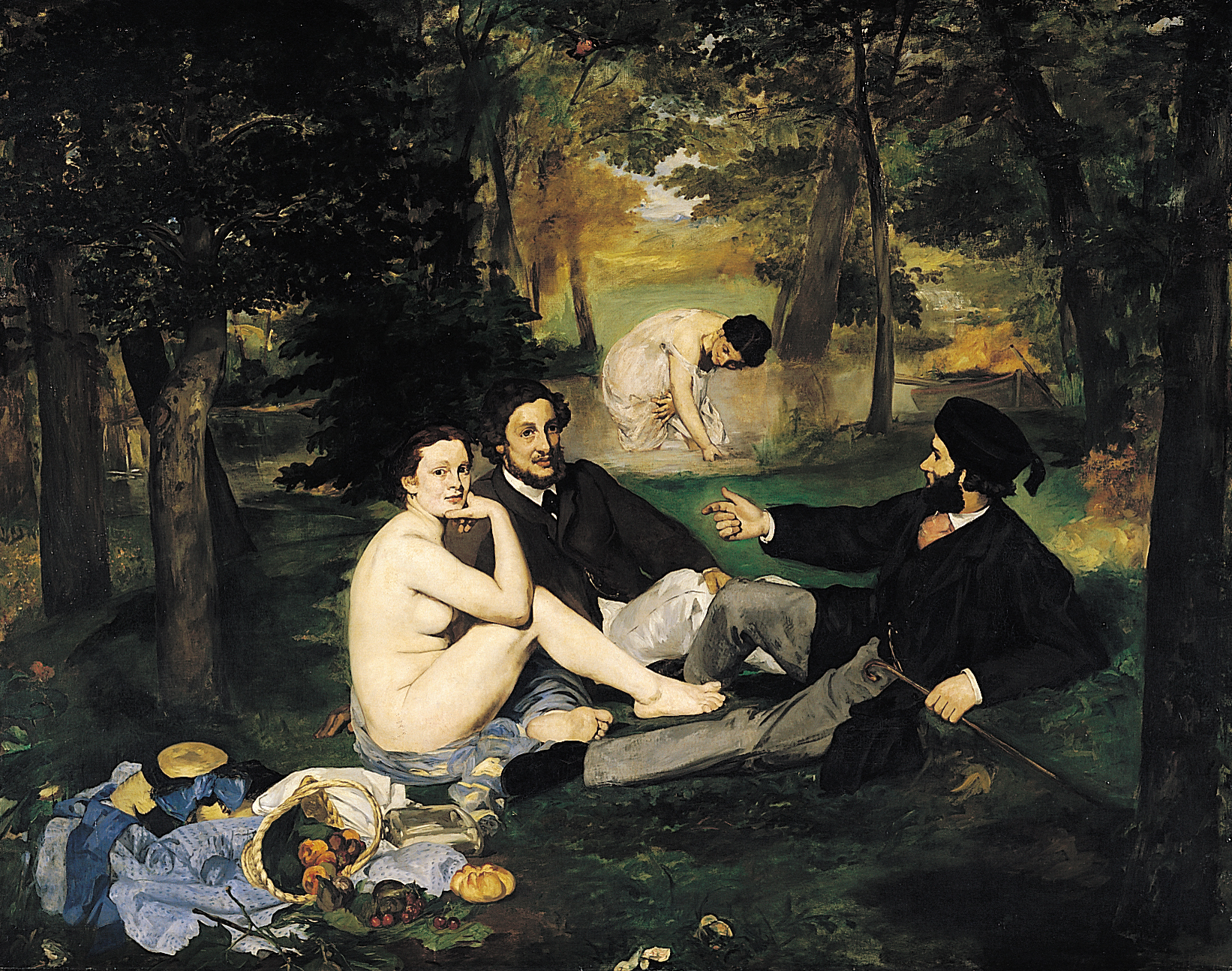 A picnic beneath trees, with a seated nude woman and two clothed men in the foreground and a bather behind.