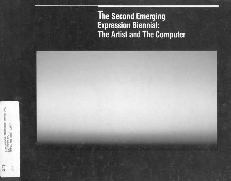 The front cover of the exhibition catalogue for The Second Emerging Expression Biennial: The Artist and The Computer, its title set in white above a graduated colour panel on a black ground.