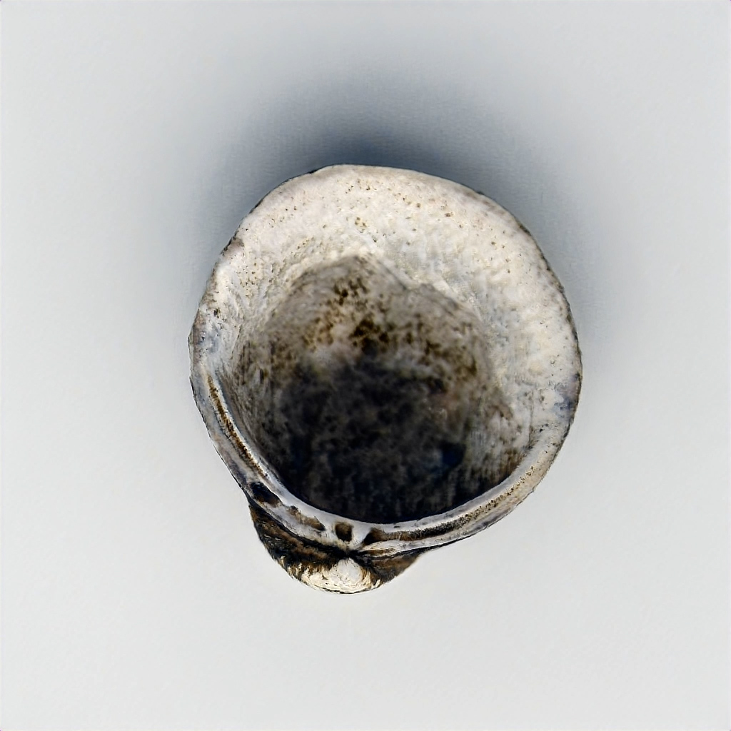 A single generated shell with a pearlescent interior and dark centre rests against a pale grey field.