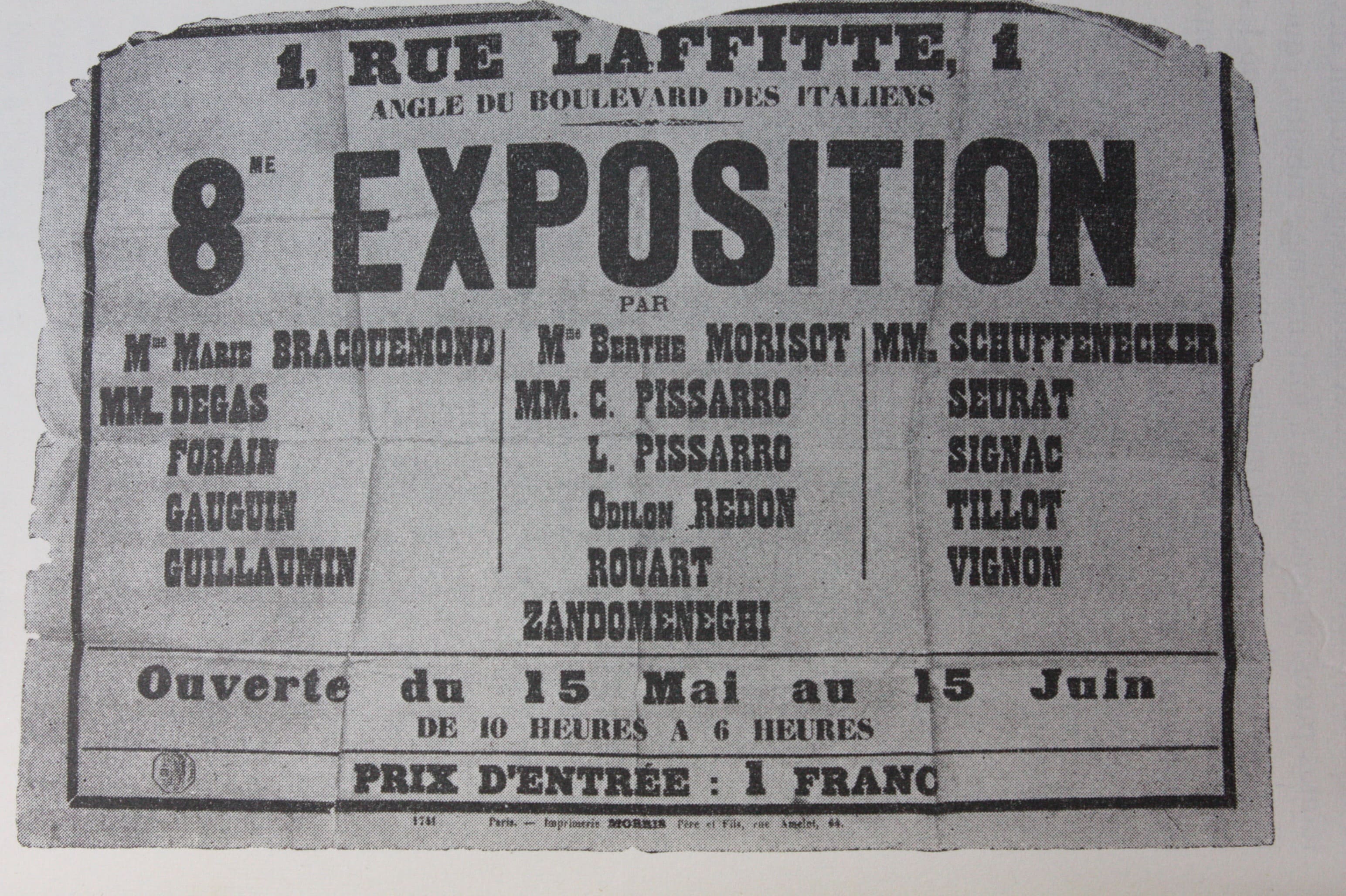 Black-and-white poster for the eighth Impressionist exhibition, with a large numeral 8 and a list of participating artists.