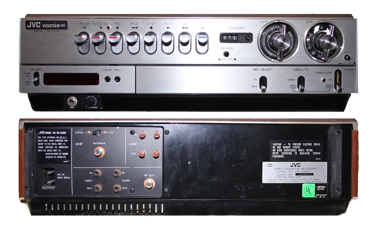 Front and rear views of a JVC HR-3300U, the US version introduced in 1977 of JVC’s first VHS recorder, launched in Japan in 1976.