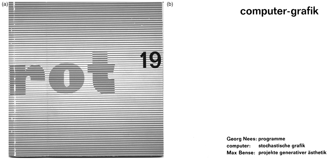 The striped gray cover marked rot 19 beside the booklet title page naming Georg Nees and Max Bense.